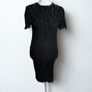 Laurence Kazar Black Beaded Midi Dress